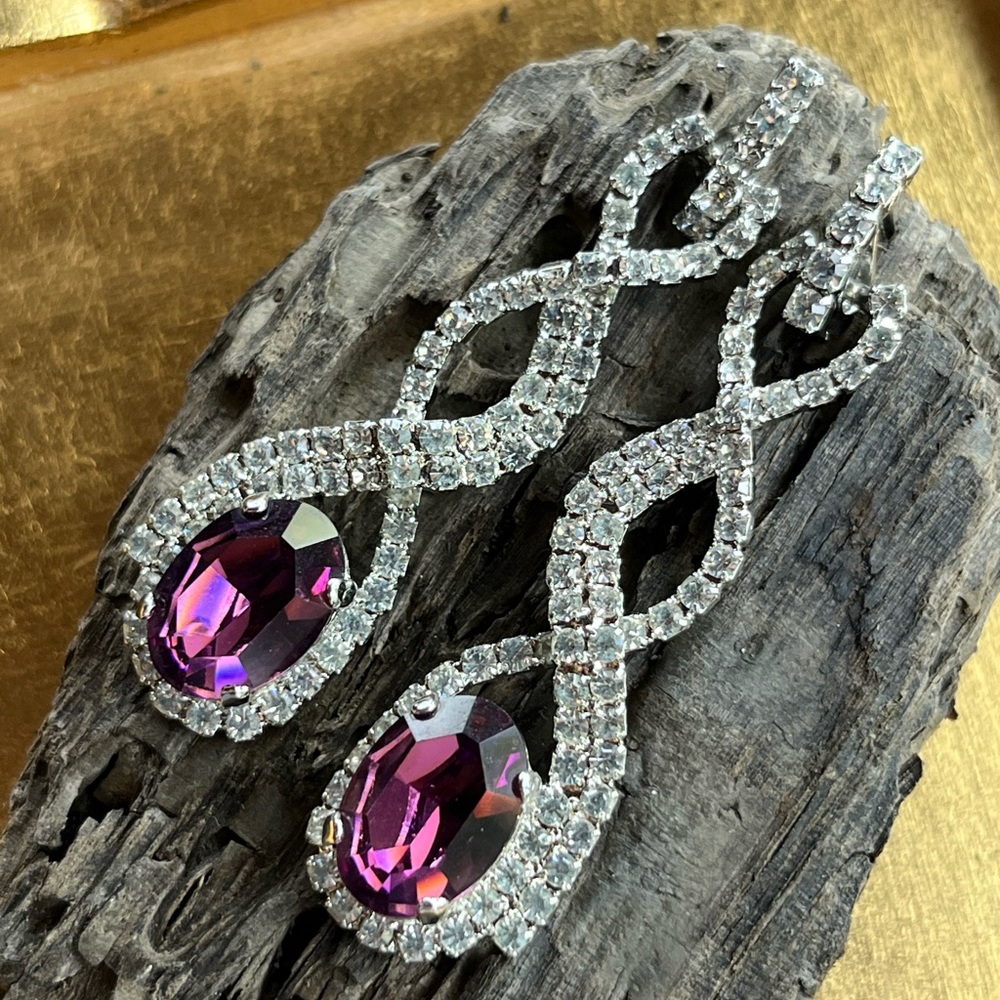 Gilded Age Earrings Amethyst Rhinestone and Crystals Vintage Italian Drop Twist